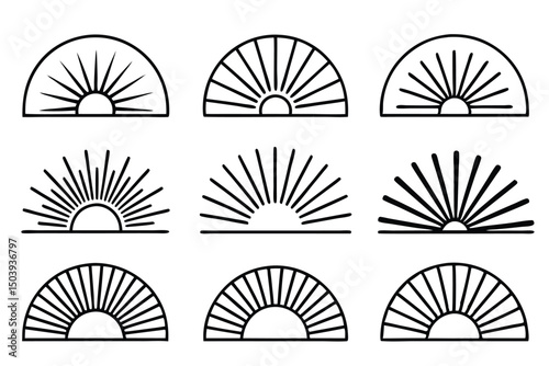 Boho sun rays vector set sunrise sunburst minimalist line art icons