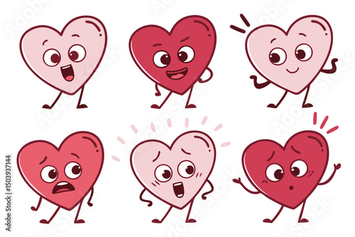 Cartoon hearts with different emotions and expressions valentines day love concept