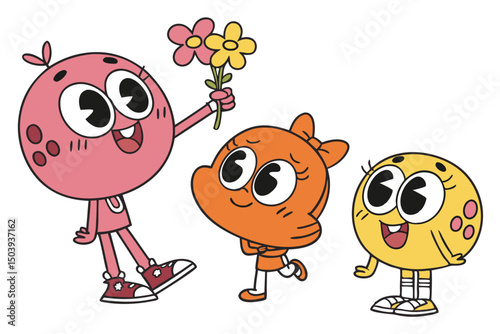 Cartoon kids giving flowers to friends smiling together vector illustration
