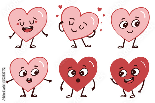 Cartoon hearts with faces and limbs expressing emotions on white background