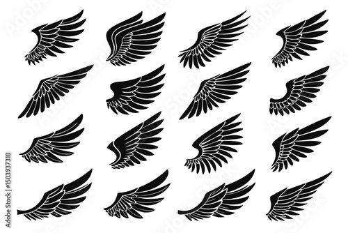 Collection of decorative angel wings black and white vector graphic elements