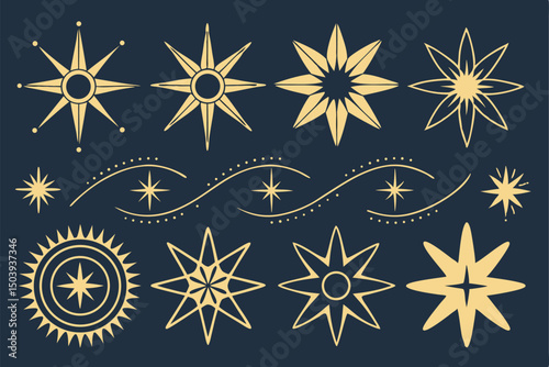 Collection of decorative star and eye motifs in gold and dark blue tones