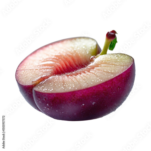 Halved plum with water droplets isolated on transparent background