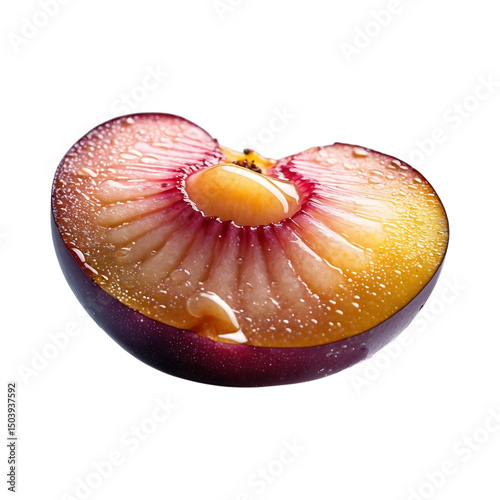 Juicy plum half with dew drops isolated on transparent background