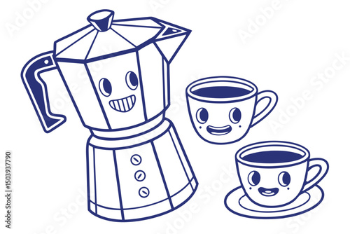 Cute moka pot coffee maker and cups cartoon illustration vector design