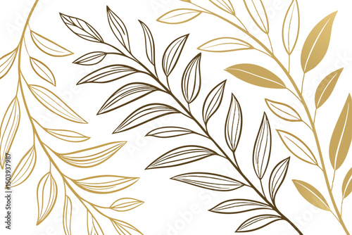 Elegant botanical illustration golden and brown leaves on white background for design projects
