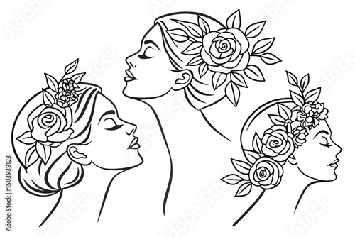 Elegant line art of women profiles with floral hair decorations vector illustration