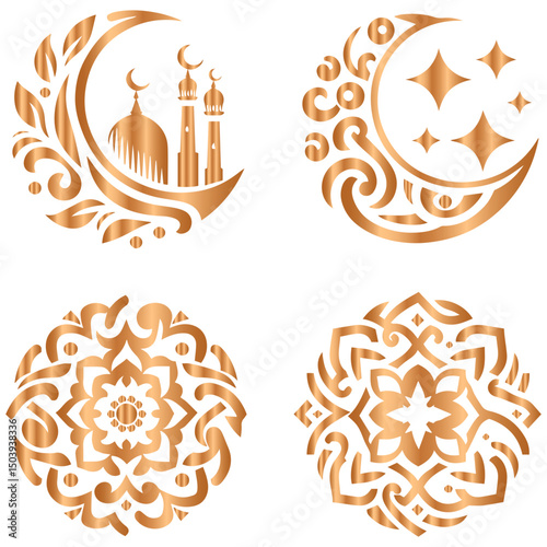 Set of decorative elements of celestial harmony reflected in opulent Islamic ornamental forms