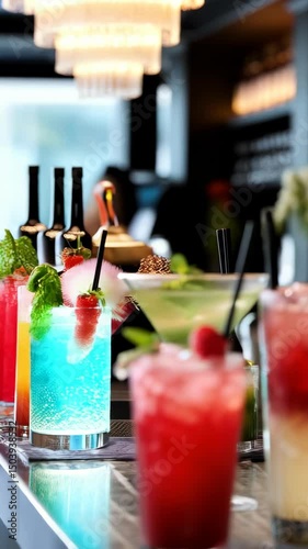 Wallpaper Mural Assortment of colorful cocktails at bar with various garnishes and fresh fruit, close up view of refreshing mixed drinks Torontodigital.ca