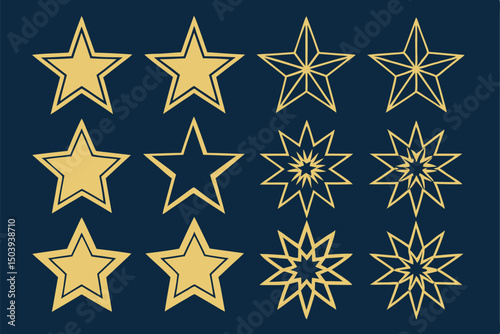 Golden star icons set various designs navy background vector illustration