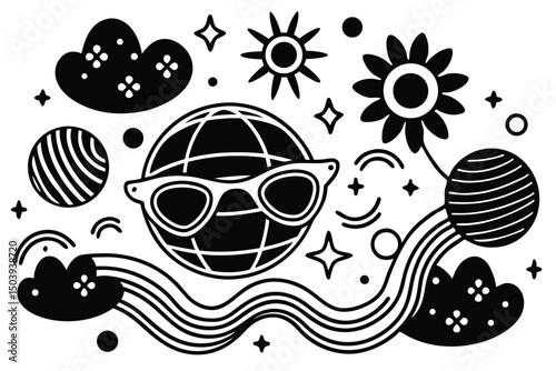 Graphic black and white design featuring earth sunglasses clouds and celestial elements