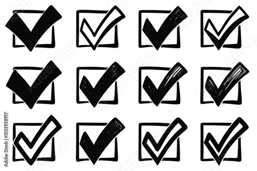 Hand drawn check mark icons set in square boxes vector illustration