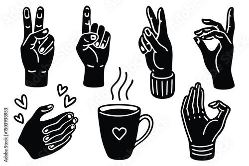 Hand gestures and coffee cup in doodle style black and white vector