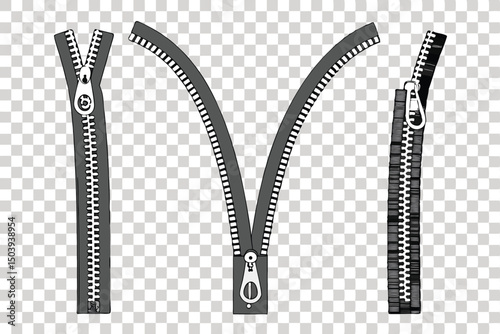 Hand drawn zippers vector illustration in open and closed positions on transparent background