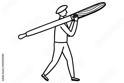 Line art artist carrying oversized brush symbolizing creativity and artistic vision