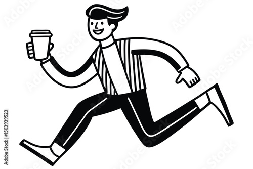Man running late with coffee cup black and white illustration style