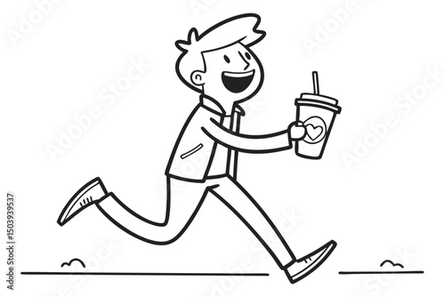 Man running with coffee outline style vector illustration cartoon character