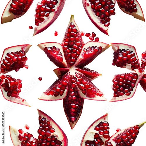 Beautiful arrangement of fresh pomegranate slices showing juicy red seeds on Transparent background