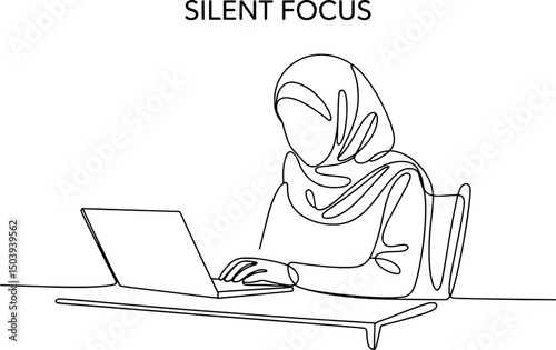 Woman in hijab working on laptop silent focus