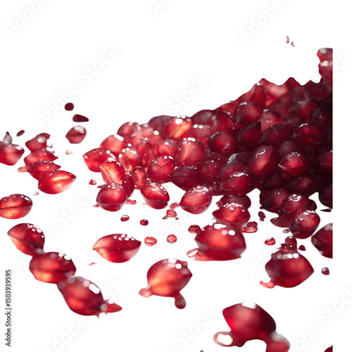 Close up detailed image of fresh red pomegranate seeds scattered on a Transparent background