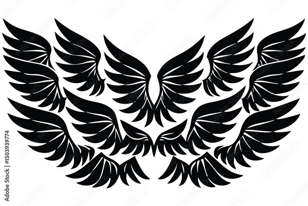 Obraz premium Multiple detailed black wings arrayed in formation on a clean white background