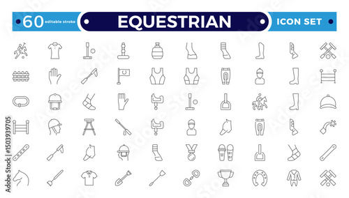 Equestrian Outline Icon Set. Horse, Rider, Gallop, Dressage, Racing, Pony, Farm Animal, Stable, Mustang, Silhouette, Freedom, Power, Mane, Saddle, Competition, Vector. Editable stroke outline icon.