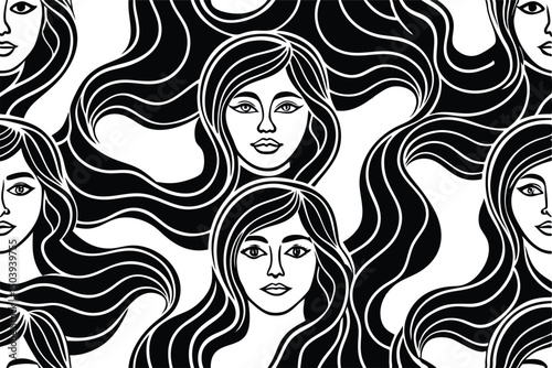 Monochrome seamless pattern of women faces with flowing hair graphic art style