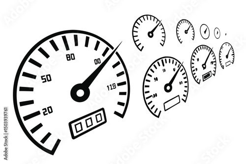 Monochrome speedometer illustration showing vehicle speed and performance gauges in black and white