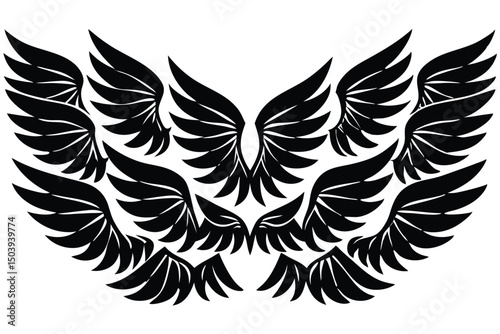 Multiple detailed black wings arrayed in formation on a clean white background