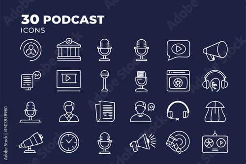 Podcast and broadcast thin line icon set on dark blue background vector illustration