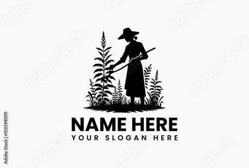 Cheerful woman farmer with armful of golden wheat vector logo. Farm-to-table harvest concept  