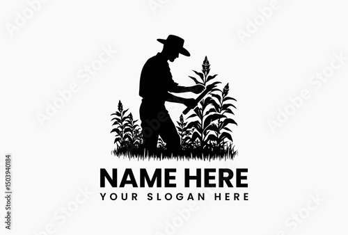 Vector logo silhouette of a farmer diligently harvesting corn in a sunlit field. Agriculture concept