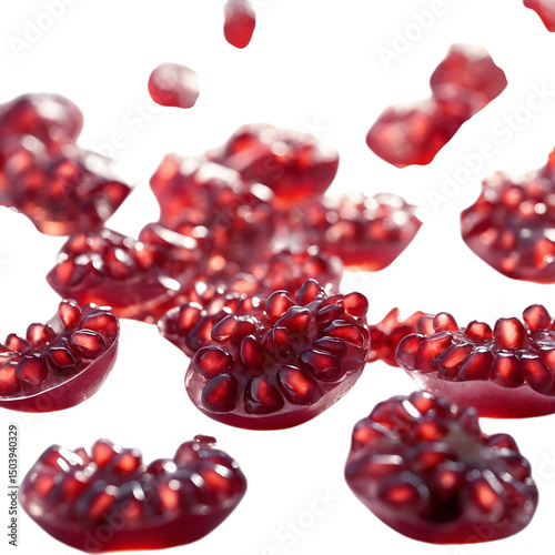 Close-up of fresh pomegranate seeds and fruit slices against a Transparent background