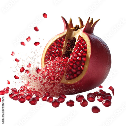 Exploding pomegranate revealing fresh juicy seeds and splashing juice on Transparent background