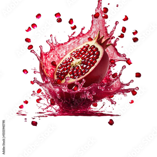 Fresh pomegranate bursting with juice creating a vibrant red splash on a Transparent background