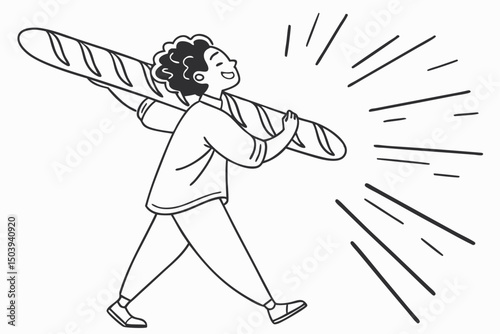 Vector illustration of joyful person carrying a large baguette on their shoulder
