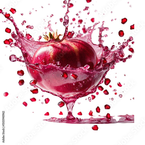 Fresh pomegranate fruit in a glass of juice with a dynamic splash of liquid isolated on Transparent background