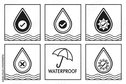 Waterproof and water resistant vector icon set showing protection levels