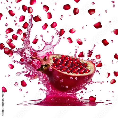 Fresh pomegranate half exploding with juicy seeds and splashing water against Transparent background