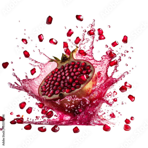 Fresh pomegranate half exploding with juice and seeds against a Transparent background