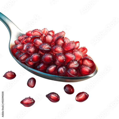 Fresh pomegranate seeds served in a silver spoon on a Transparent background