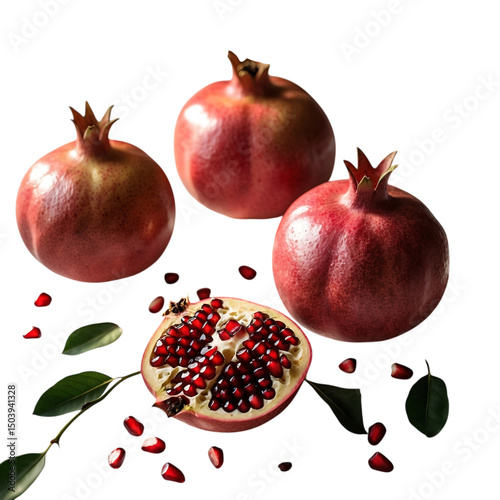 Fresh pomegranates featuring whole fruits and a cut half showcasing vibrant red seeds on black