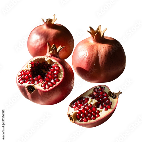 Fresh pomegranates whole and cut revealing juicy red seeds on a Transparent background