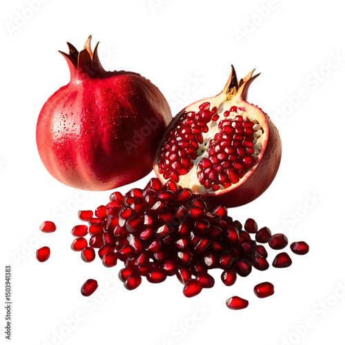 Fresh pomegranates whole and split with ruby red seeds on a Transparent background