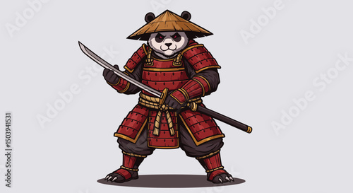 Vector illustration of a fierce panda warrior wearing traditional samurai Armor, holding a katana, standing in a dynamic battle pose. Bold outlines, clean shapes, rich colour palette with red and gold