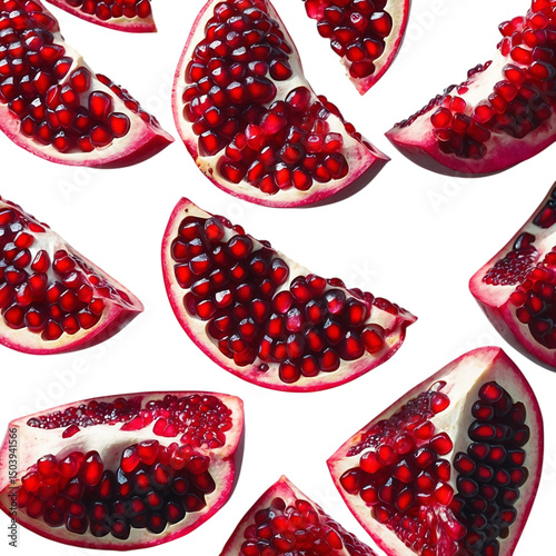 Fresh vibrant pomegranate slices seamlessly arranged on a modern Transparent background