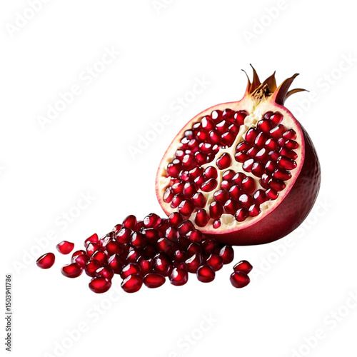 Freshly cut pomegranate fruit revealing juicy red arils isolated on a Transparent  background