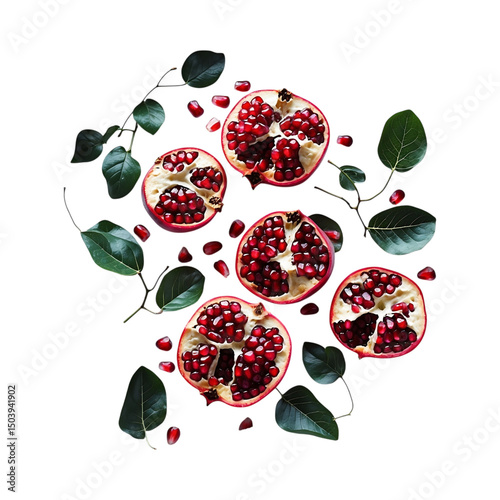 Freshly cut pomegranate fruit sections arranged with leaves on a Transparent background