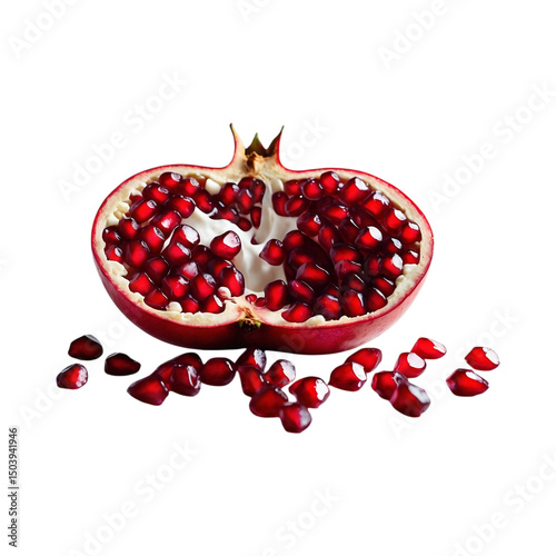 Freshly cut pomegranate fruit showcasing juicy red seeds on a sleek Transparent background