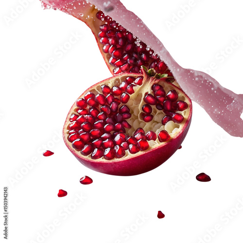 Freshly cut pomegranate fruit with juicy red seeds isolated against a Transparent background